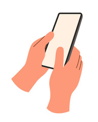 Hands holding phone on white background. 