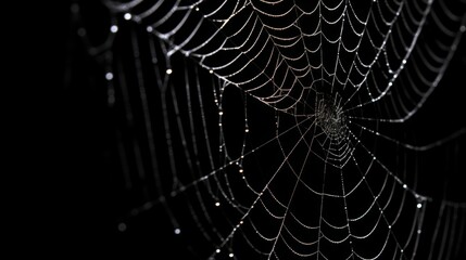 Spider web on a black background. Creepy spider webs hanging on dark