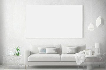 Fototapeta na wymiar Modern Design Living Room with a Blank Canvas Frame for Personalized Elegance