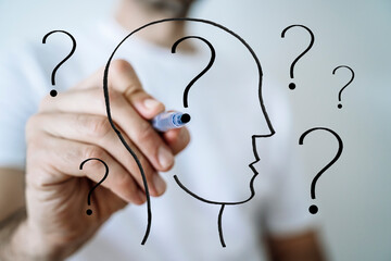 Question and head. Decision, brain, mind concept background. Psychology, business development