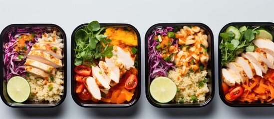 Meal prep containers with nutritious ingredients such as quinoa, chicken, and cole slaw.