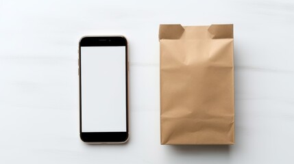 paper bag and showing blank phone screen,Delivery concept
