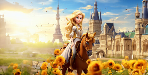 horse in the field, horse and rider, girl in a field, cartoon girl riding a horse big blue eyes yellow - obrazy, fototapety, plakaty