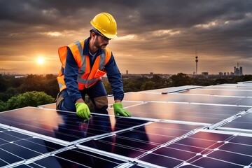 Solar panel installation. Specialist installs solar panel on the roof of the house	