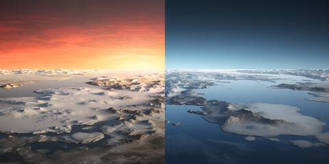 The effects of global warming on the Earth with sunset and sky blue background