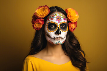 portrait of a woman with her face made up like the mexican skull katrinas on a yellow background. woman with mask