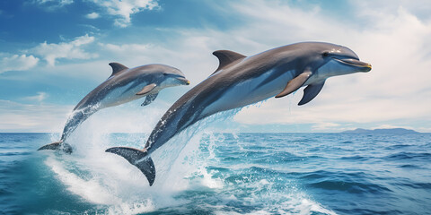 The two playful dolphins are jumping across the waves of the vast ocean at sunrise morning background