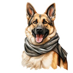 A german shepherd dog wearing a scarf on a white background