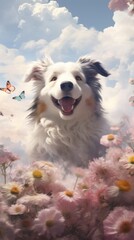 A dog in a field of flowers with a butterfly in the sky