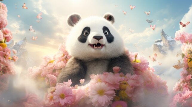 A panda bear sitting in a field of flowers
