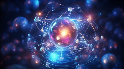 Exploration of atomic structure and groundbreaking scientific research in modern physics, particularly on nuclear fusion, depicted through a 3D illustration.  - obrazy, fototapety, plakaty