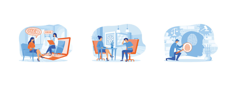 Online psychological. Psychotherapist appointment.Mental research and interview. Psychologist 2 set flat vector modern illustration 