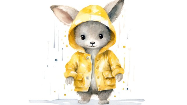 A watercolor painting of a rabbit wearing a yellow raincoat