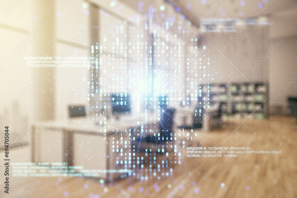 Poster double exposure of abstract virtual creative code skull hologram on modern corporate office backgrou