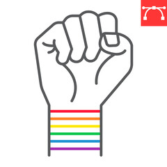 LGBT power line icon, LGBT and protest, hand fist vector icon, vector graphics, editable stroke outline sign, eps 10.