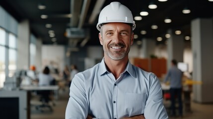 smiling male architect in helmet and safety west  - obrazy, fototapety, plakaty