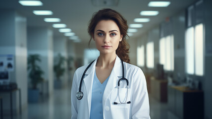 Portrait of young female doctor in hospital. Medical healthcare and doctor staff service.