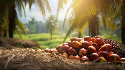 Oil Palm fruits with palm plantation background.