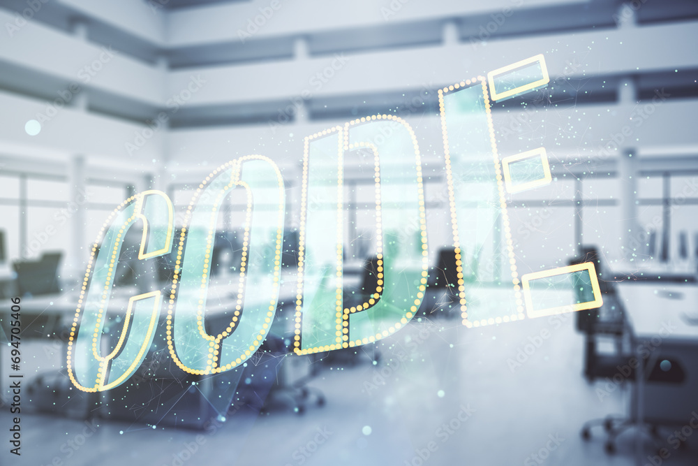 Poster code word hologram on modern corporate office background, artificial intelligence and neural network