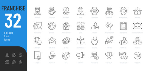 Franchise Editable Icons Set. Vector illustration in line style of business-related icons: franchisee, license, royalties, chain, expansion, and more.
