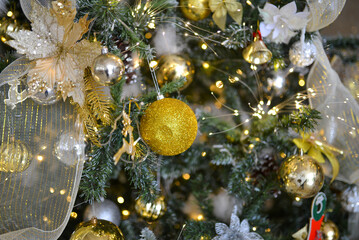 Royalty high quality free stock photo of Christmas tree with a lot of decoration on cool tone
