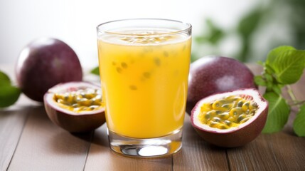 Fototapeta premium Passionfruit juice in glass and fresh passion fruit