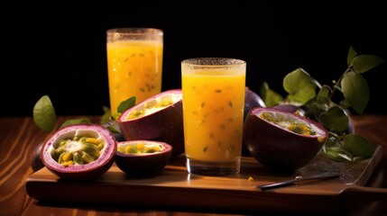 Passionfruit juice in glass and fresh passion fruit