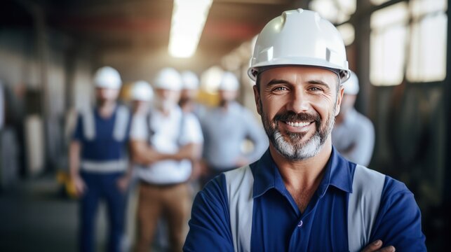 Portrait of happy engineer teamwork smiling looking at camera.,