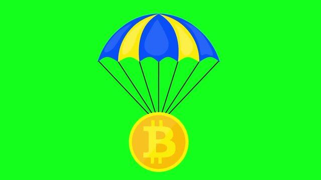 Animated icon of Bitcoin falling by parachuting on green screen. Business currency concept. Green screen video.