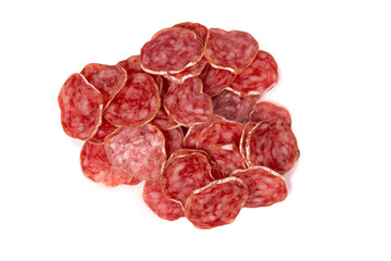Tasty salami slices isolated on a white background.