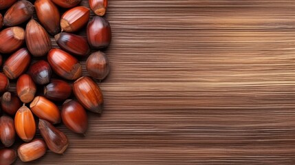 Obraz premium Top view of oil palm nuts on wooden table,