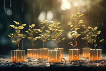 growth goal timeline with money trees and sprouting seedlings, in the style of bokeh. style one