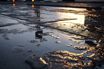 Glossy wet asphalt texture after rainfall, with reflective puddles and a dark, slick surface.