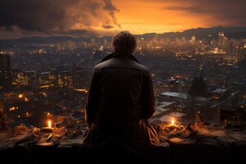 Isolated man on a rooftop, contemplating the beauty of a springtime sunset against the city skyline, Generative AI