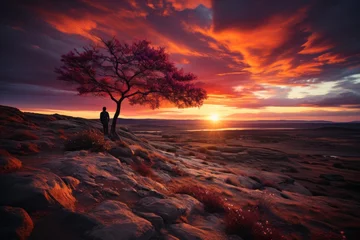 Photo sur Plexiglas Violet Lonesome figure on a hill, admiring the vivid hues of a spring sunset, Generative AI