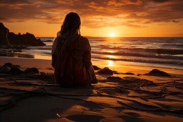 Pensive traveler on a beach, watching the stunning spring sunset over the ocean, Generative AI