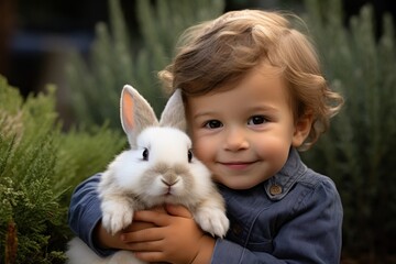 Smiling toddler holding a fluffy bunny in a garden, adorable innocence