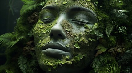 A close-up of a woman's face covered with leaves. The concept of merging with the environment. Nature with a human face