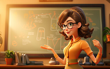 3d smiling cartoon character of female teacher with blackboard