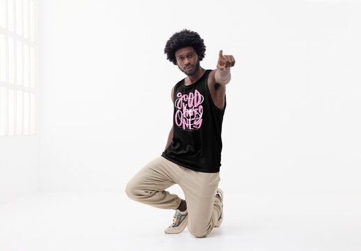 Mockup of man wearing customizable vest kneeling