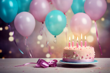 birthday party balloons, colourful balloons background and birthday cake with candles	