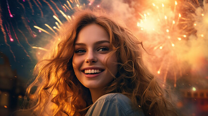 Radiant Smiles: A Beautiful Girl Enjoying the Summer Festival Atmosphere with Fireworks