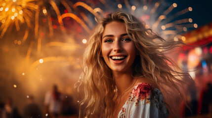 Festival Joy: Capturing the Beauty of a Happy Girl Amidst Summer Fireworks