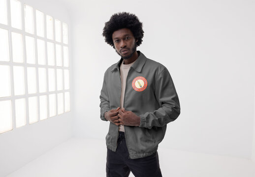 Mockup of man wearing customizable jacket and logo