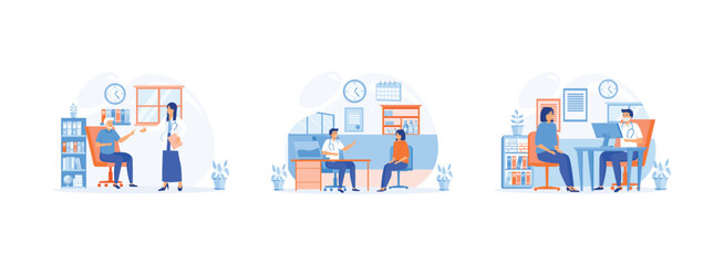 Consultation with a Geriatrician Doctor, Practitioner doctor man and young woman patient in hospital medical office, Physycian sitting at the desk with monitor. Medical Consultation set flat vector mo