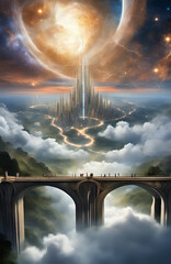 Fototapeta premium Bridge to an eternal city in the cosmos