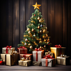 Fototapeta na wymiar Christmas tree and gift boxes on a wooden background