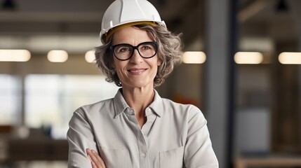 cheerful mature female architect in hardhat 