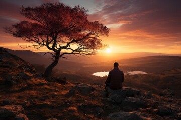 Obraz premium Solitary man on a hillside, captivated by the enchanting colors of a spring sunset, Generative AI