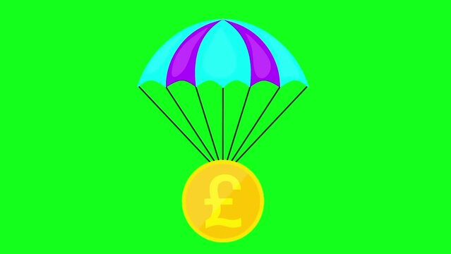 Animated icon of Pound coin falling by parachuting on green screen. Business currency concept. Green screen video.
